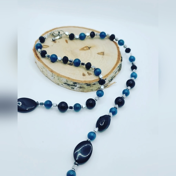 Black Agatw, Blue Cat Eye, Zirconia Moon 🌙 charm necklace - Picture 3 of 6